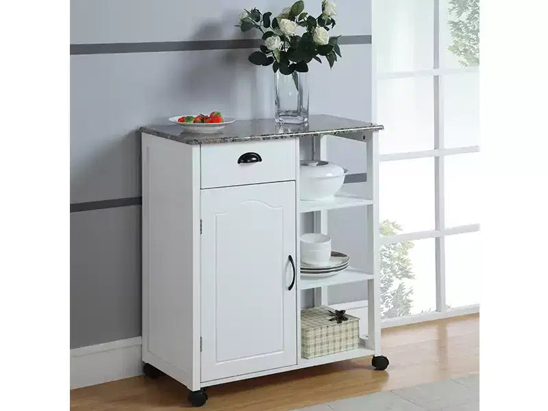 Kings Brand Furniture Francois Wood & Marble Vinyl Top Kitchen Storage Cabinet Cart, White