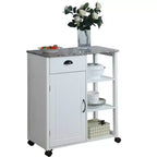 Chariot de rangement de cuisine, plateau en vinyle marbré, 1 tiroir, 3 étagères, blanc, roulettes