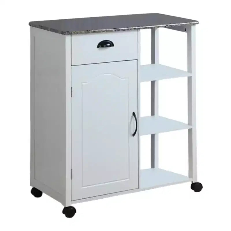 Chariot de rangement de cuisine, plateau en vinyle marbré, 1 tiroir, 3 étagères, blanc, roulettes