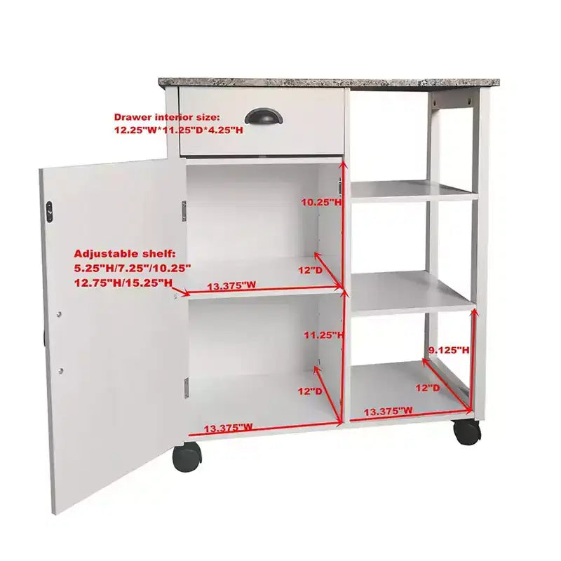 Chariot de rangement de cuisine, plateau en vinyle marbré, 1 tiroir, 3 étagères, blanc, roulettes