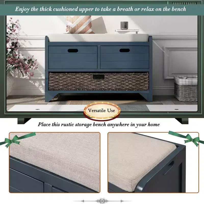 Banc de rangement avec 2 tiroirs et panier amovible, Bois d'acacia, 81 cm (l) x 51 cm (H)