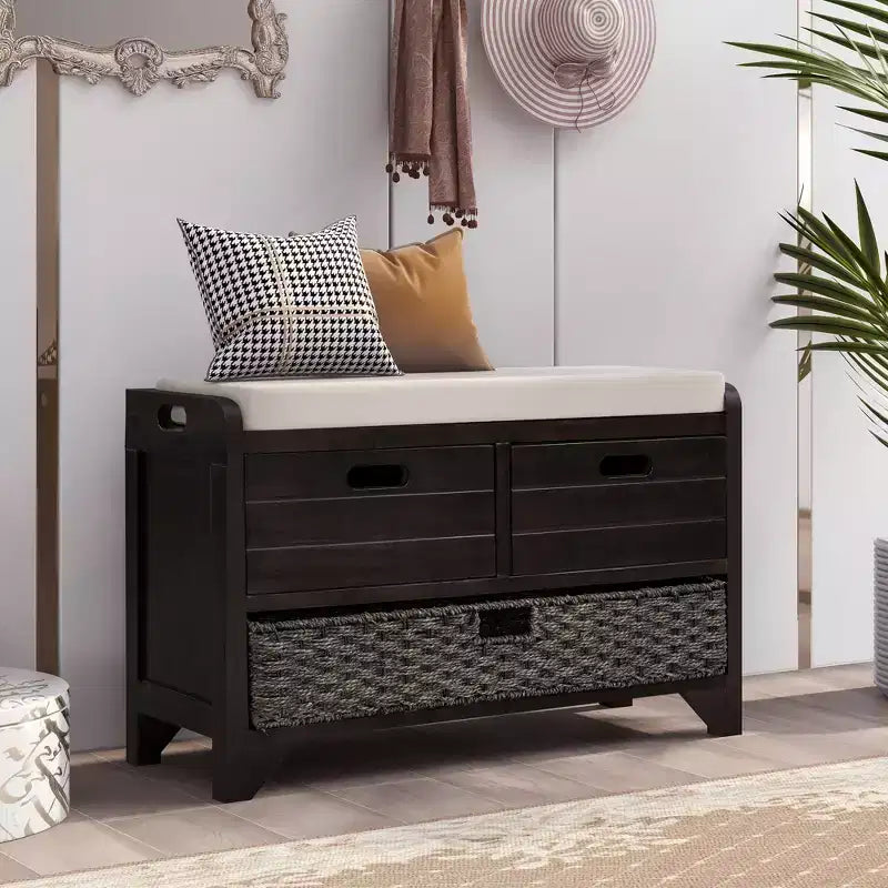 Banc de rangement avec 2 tiroirs et panier amovible, Bois d'acacia, 81 cm (l) x 51 cm (H)