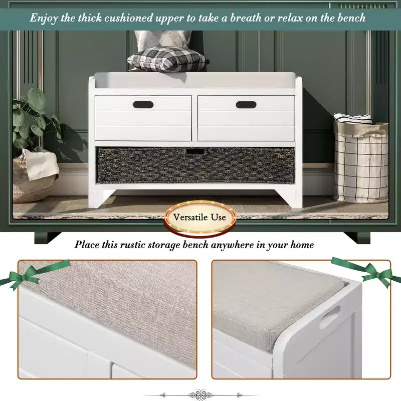 Banc de rangement avec 2 tiroirs et panier amovible, Bois d'acacia, 81 cm (l) x 51 cm (H)