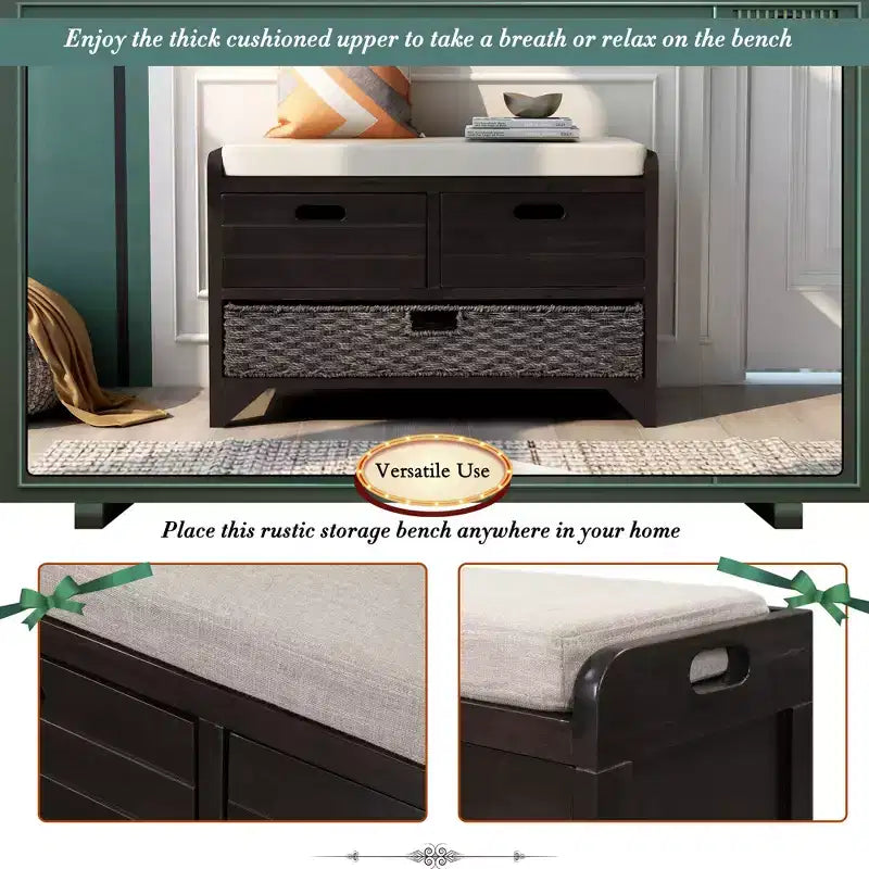 Banc de rangement avec 2 tiroirs et panier amovible, Bois d'acacia, 81 cm (l) x 51 cm (H)