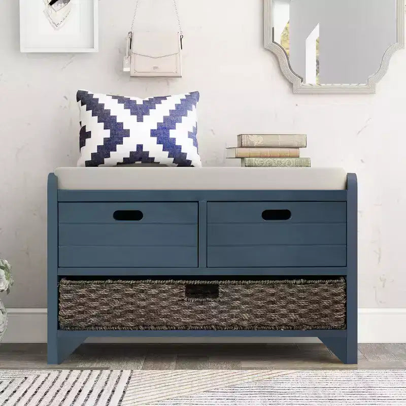 Banc de rangement avec 2 tiroirs et panier amovible, Bois d'acacia, 81 cm (l) x 51 cm (H)