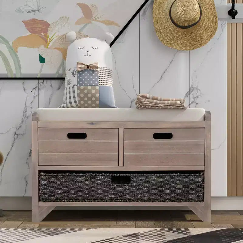 Banc de rangement avec 2 tiroirs et panier amovible, Bois d'acacia, 81 cm (l) x 51 cm (H)