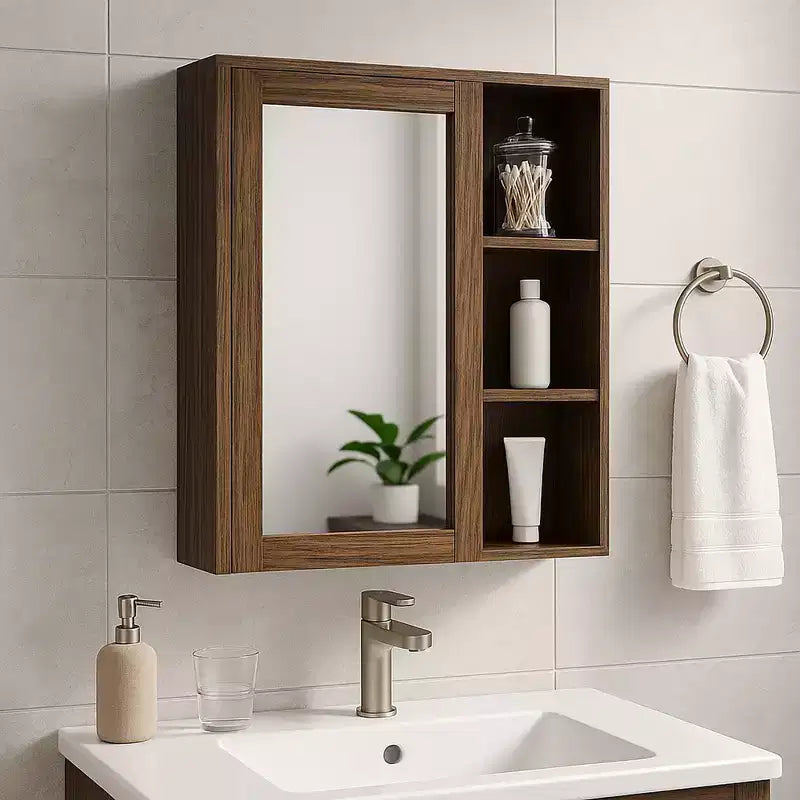 Armoire de toilette avec miroir et étagères ouvertes, Noyer, Moderne du milieu du siècle, MDF