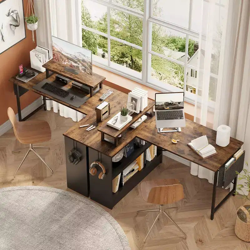 Bureau d'angle en L de 42 pouces avec lumière LED RVB, support d'écran et étagères de rangement