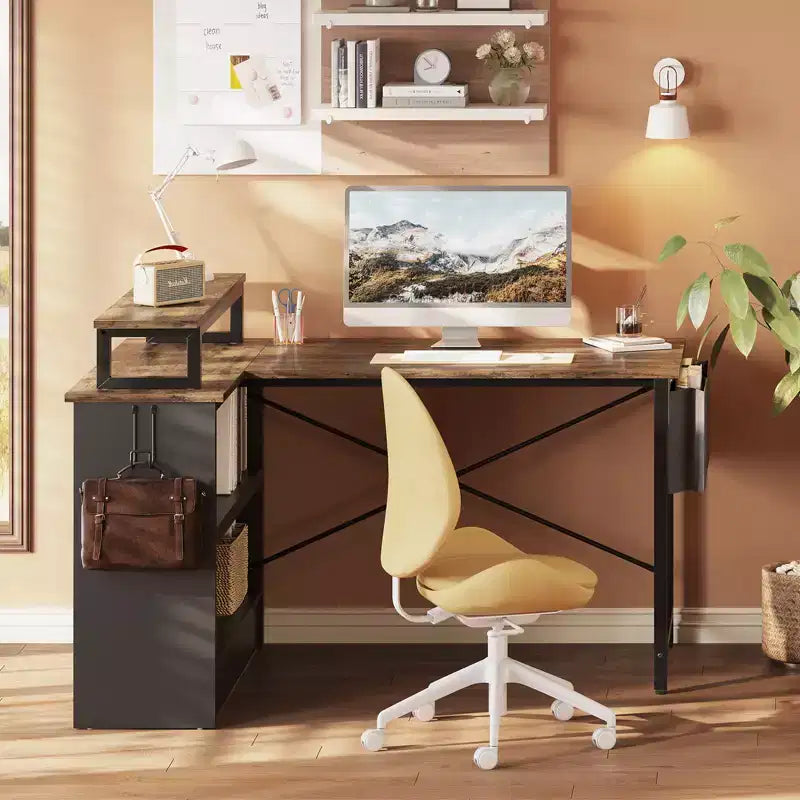 Bureau d'angle en L de 42 pouces avec lumière LED RVB, support d'écran et étagères de rangement