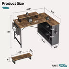 Bureau d'angle en L de 42 pouces avec lumière LED RVB, support d'écran et étagères de rangement