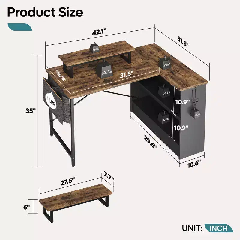 Bureau d'angle en L de 42 pouces avec lumière LED RVB, support d'écran et étagères de rangement