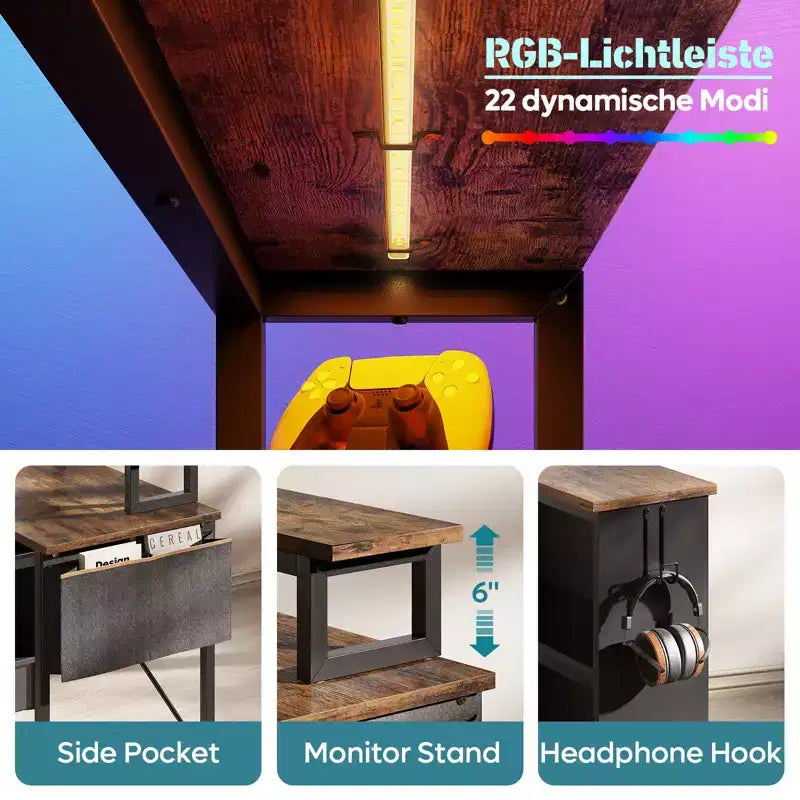 Bureau d'angle en L de 42 pouces avec lumière LED RVB, support d'écran et étagères de rangement