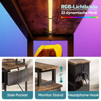 Bureau d'angle en L de 42 pouces avec lumière LED RVB, support d'écran et étagères de rangement