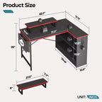 Bureau d'angle en L de 42 pouces avec lumière LED RVB, support d'écran et étagères de rangement