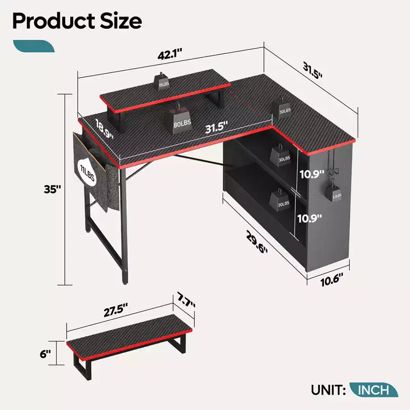 Bureau d'angle en L de 42 pouces avec lumière LED RVB, support d'écran et étagères de rangement