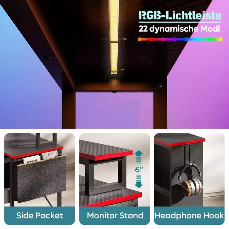 Bureau d'angle en L de 42 pouces avec lumière LED RVB, support d'écran et étagères de rangement