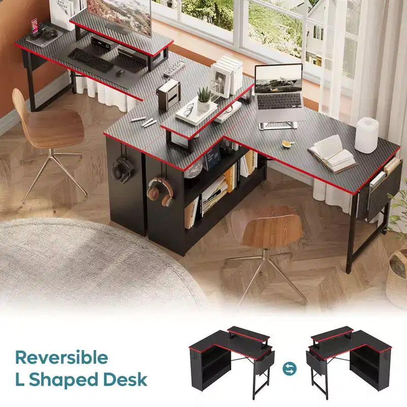 Bureau d'angle en L de 42 pouces avec lumière LED RVB, support d'écran et étagères de rangement