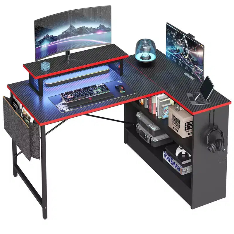 Bureau d'angle en L de 42 pouces avec lumière LED RVB, support d'écran et étagères de rangement