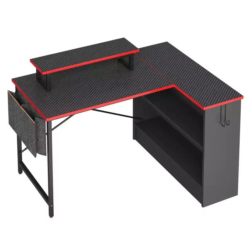 Bureau d'angle en L de 42 pouces avec lumière LED RVB, support d'écran et étagères de rangement
