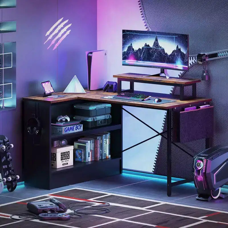 Bureau d'angle en L de 42 pouces avec lumière LED RVB, support d'écran et étagères de rangement