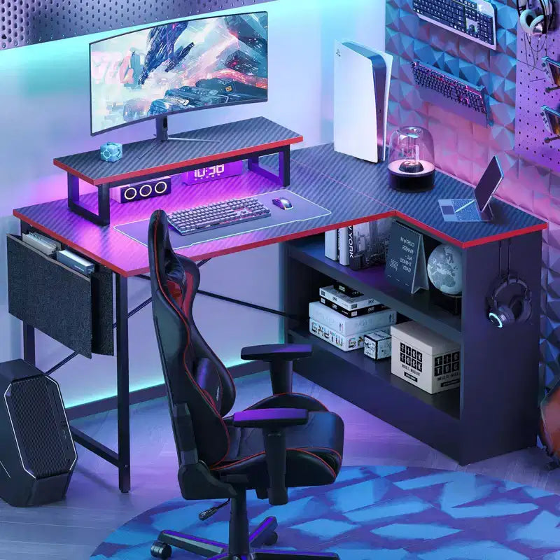 Bestier 42'' L-Shaped Computer Desk with Reversible Open Storage Shelves, Modern Home office Desk with LED Light & Monitor Stand