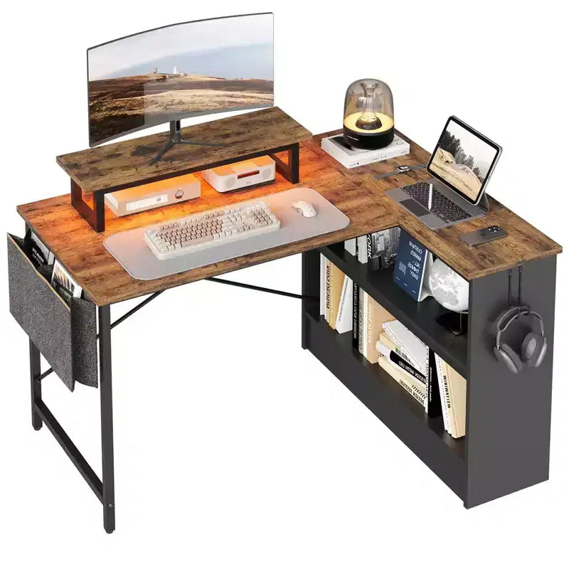 Bureau d'angle en L de 42 pouces avec lumière LED RVB, support d'écran et étagères de rangement