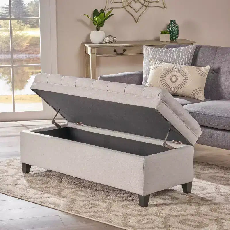 Pouf de rangement contemporain en tissu capitonné, 127 cm L, 2 places, capacité de 136 kg