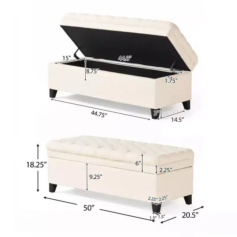 Pouf de rangement contemporain en tissu capitonné, 127 cm L, 2 places, capacité de 136 kg