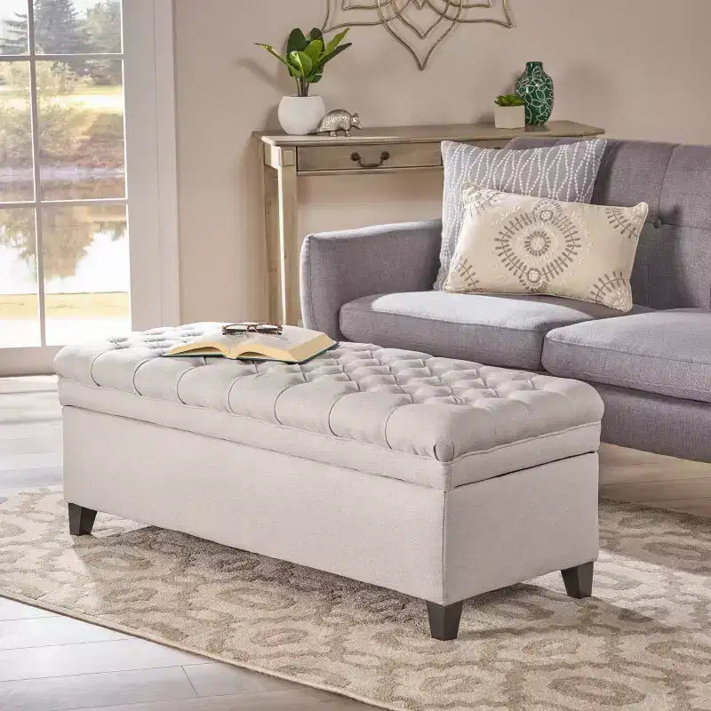 Pouf de rangement contemporain en tissu capitonné, 127 cm L, 2 places, capacité de 136 kg