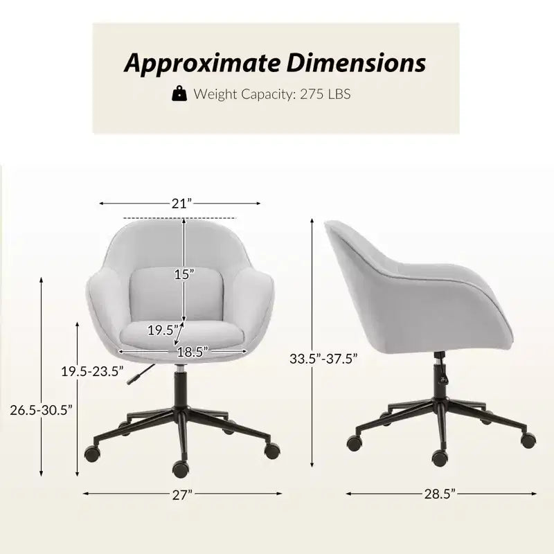 Chaise de bureau pivotante avec dossier incurvé, hauteur réglable, assise rembourrée