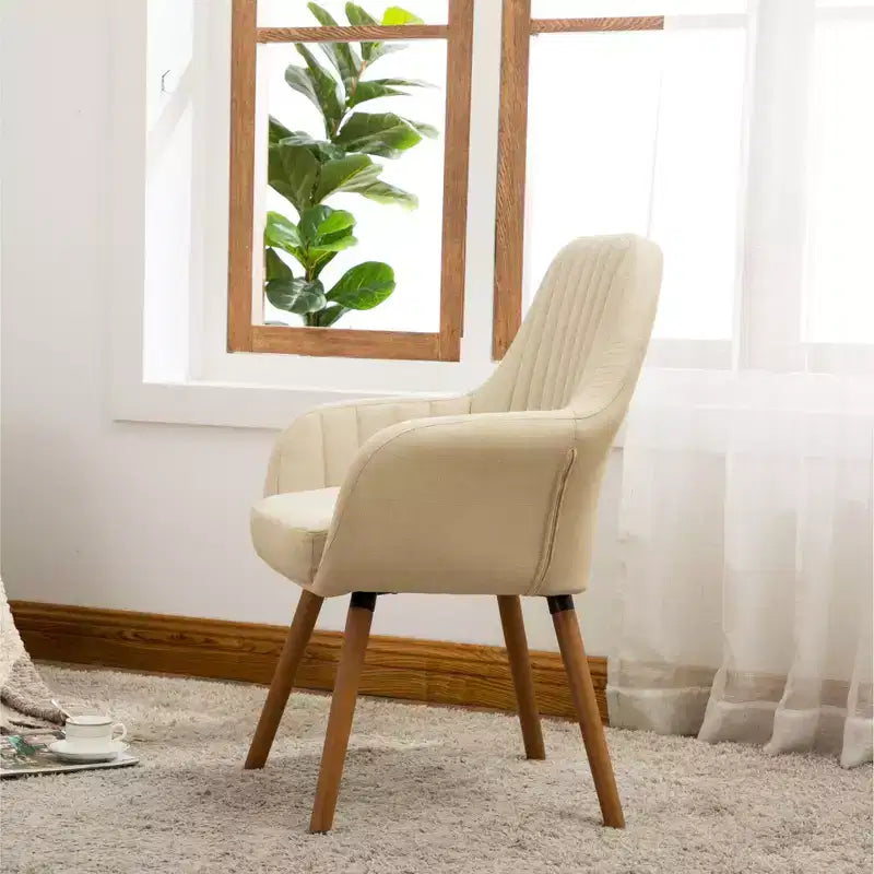 Fauteuil d'appoint en tissu contemporain, revêtement en polyester beige, pieds en bois massif