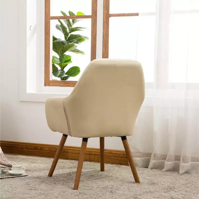 Fauteuil d'appoint en tissu contemporain, revêtement en polyester beige, pieds en bois massif