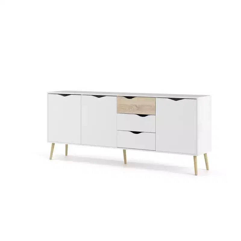 Bahut scandinave, 3 portes et 3 tiroirs, bicolore blanc et chêne, 195 cm de large