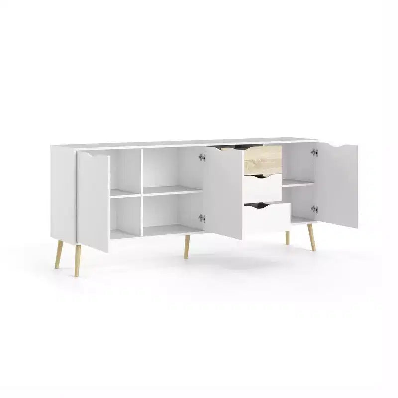Bahut scandinave, 3 portes et 3 tiroirs, bicolore blanc et chêne, 195 cm de large