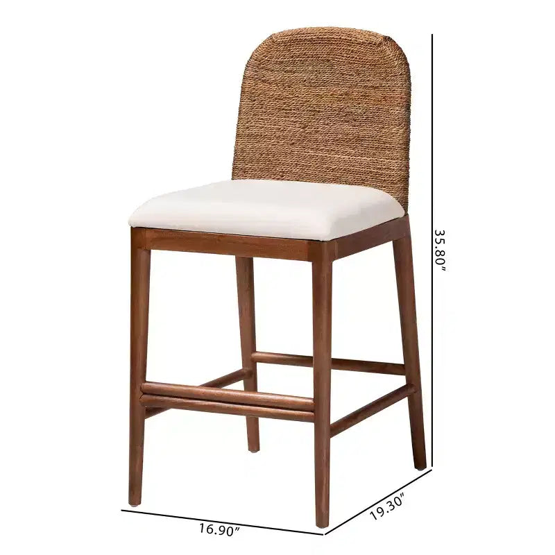 Tabouret de bar hauteur comptoir, jonc de mer et bois d'acacia, blanc/naturel, hauteur d'assise 56 cm