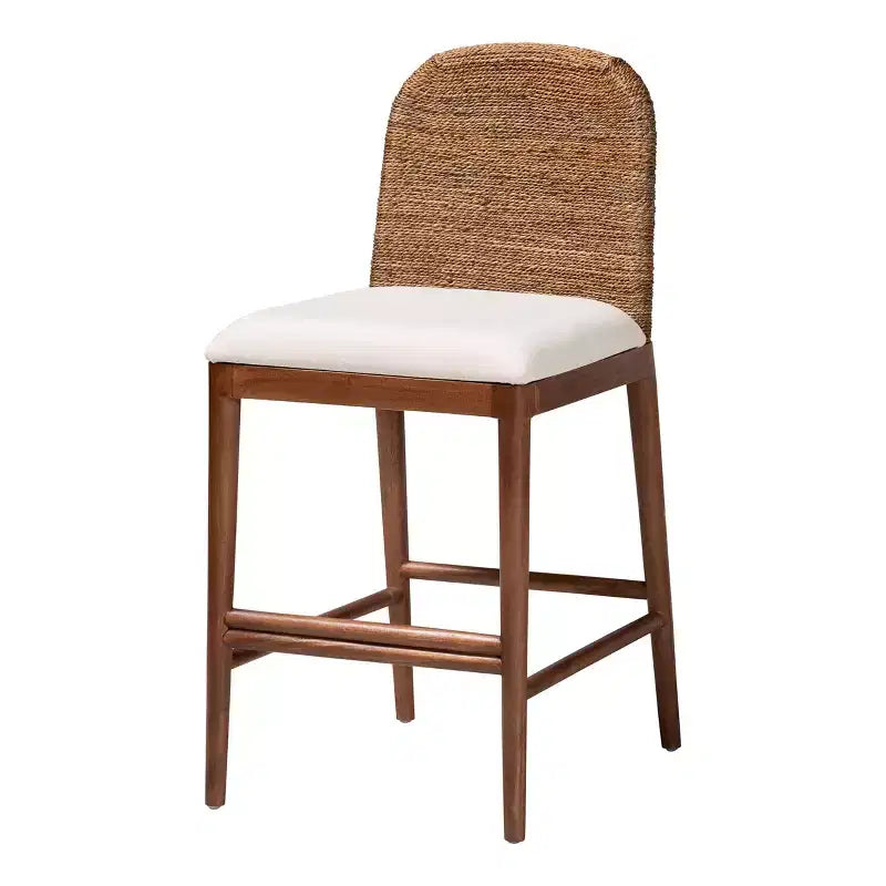 Tabouret de bar hauteur comptoir, jonc de mer et bois d'acacia, blanc/naturel, hauteur d'assise 56 cm