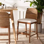 Tabouret de bar hauteur comptoir, jonc de mer et bois d'acacia, blanc/naturel, hauteur d'assise 56 cm