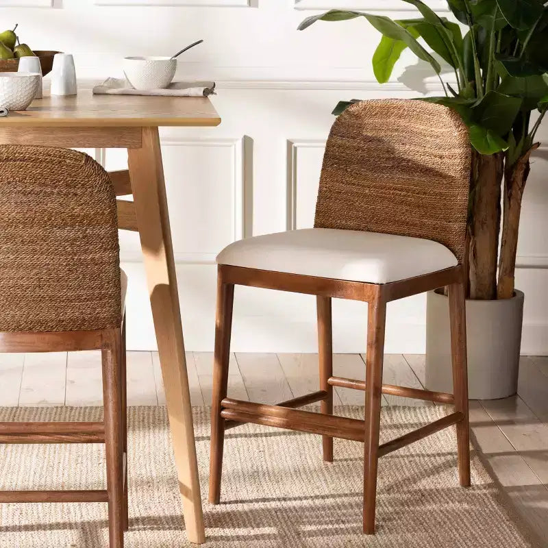 Tabouret de bar hauteur comptoir, jonc de mer et bois d'acacia, blanc/naturel, hauteur d'assise 56 cm