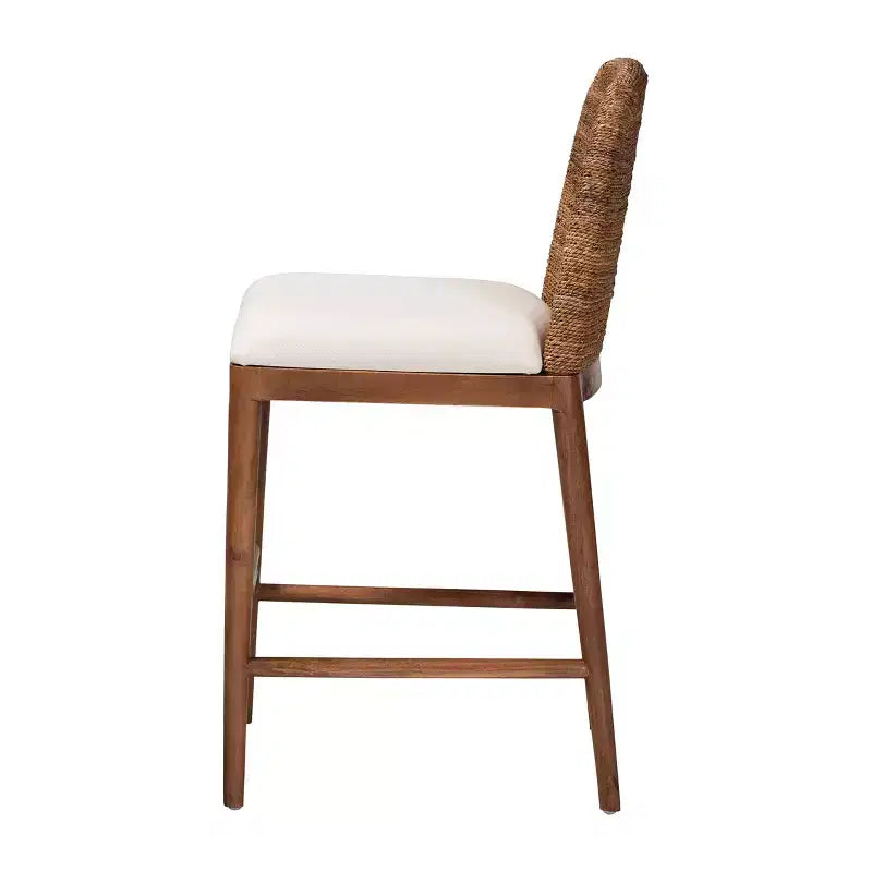Tabouret de bar hauteur comptoir, jonc de mer et bois d'acacia, blanc/naturel, hauteur d'assise 56 cm