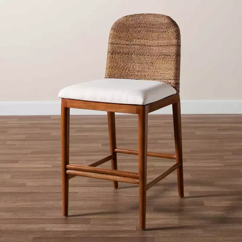 Tabouret de bar hauteur comptoir, jonc de mer et bois d'acacia, blanc/naturel, hauteur d'assise 56 cm