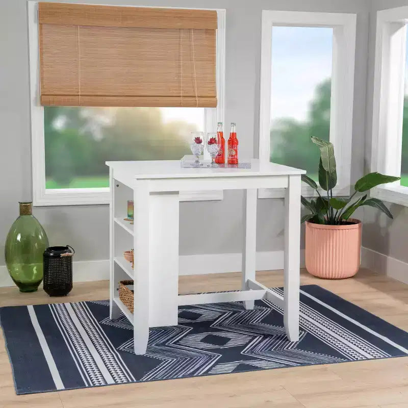 Table hauteur comptoir, bois massif blanc, 3 étagères, deux ports USB, 2 places, 91 cm H
