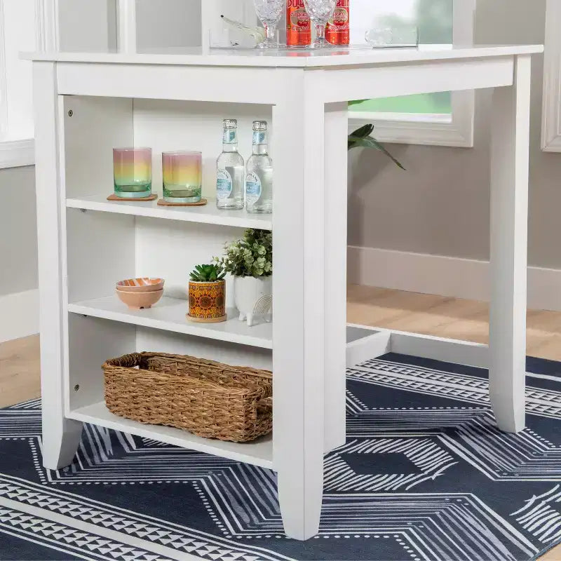 Table hauteur comptoir, bois massif blanc, 3 étagères, deux ports USB, 2 places, 91 cm H