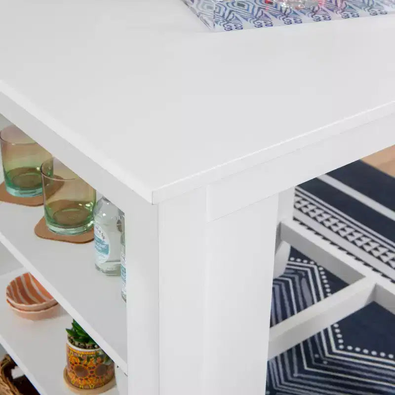 Table hauteur comptoir, bois massif blanc, 3 étagères, deux ports USB, 2 places, 91 cm H