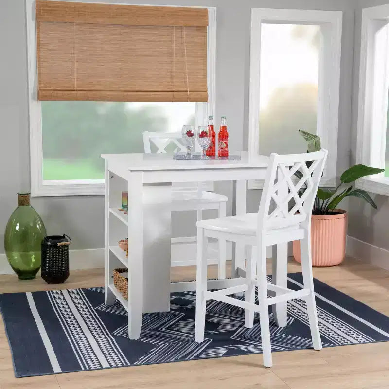 Table hauteur comptoir, bois massif blanc, 3 étagères, deux ports USB, 2 places, 91 cm H