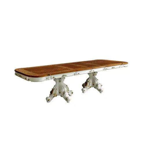 120" Picardy Dining Table Antique Pearl/Cherry Oak - Acme Furniture: Ornate Double Pedestal, Seats 8