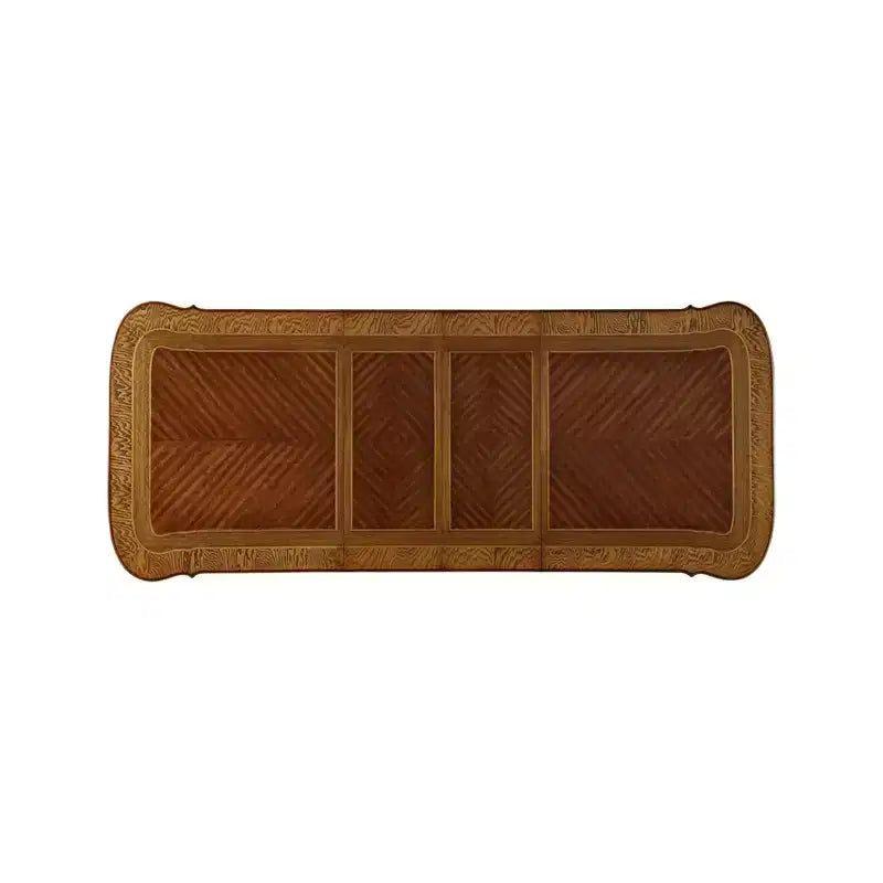 Table de salle à manger 305 cm, double piédestal orné, perle antique et chêne cerisier, 8 places