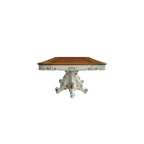 Table de salle à manger 305 cm, double piédestal orné, perle antique et chêne cerisier, 8 places