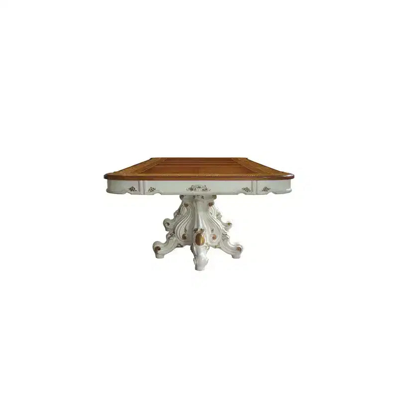Table de salle à manger 305 cm, double piédestal orné, perle antique et chêne cerisier, 8 places