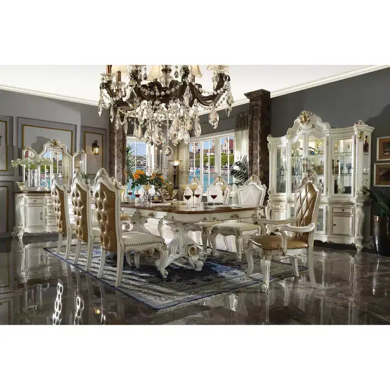 Table de salle à manger 305 cm, double piédestal orné, perle antique et chêne cerisier, 8 places