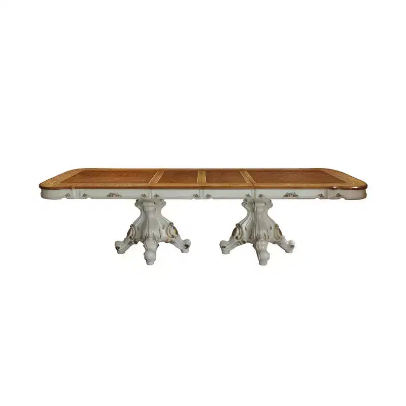 Table de salle à manger 305 cm, double piédestal orné, perle antique et chêne cerisier, 8 places